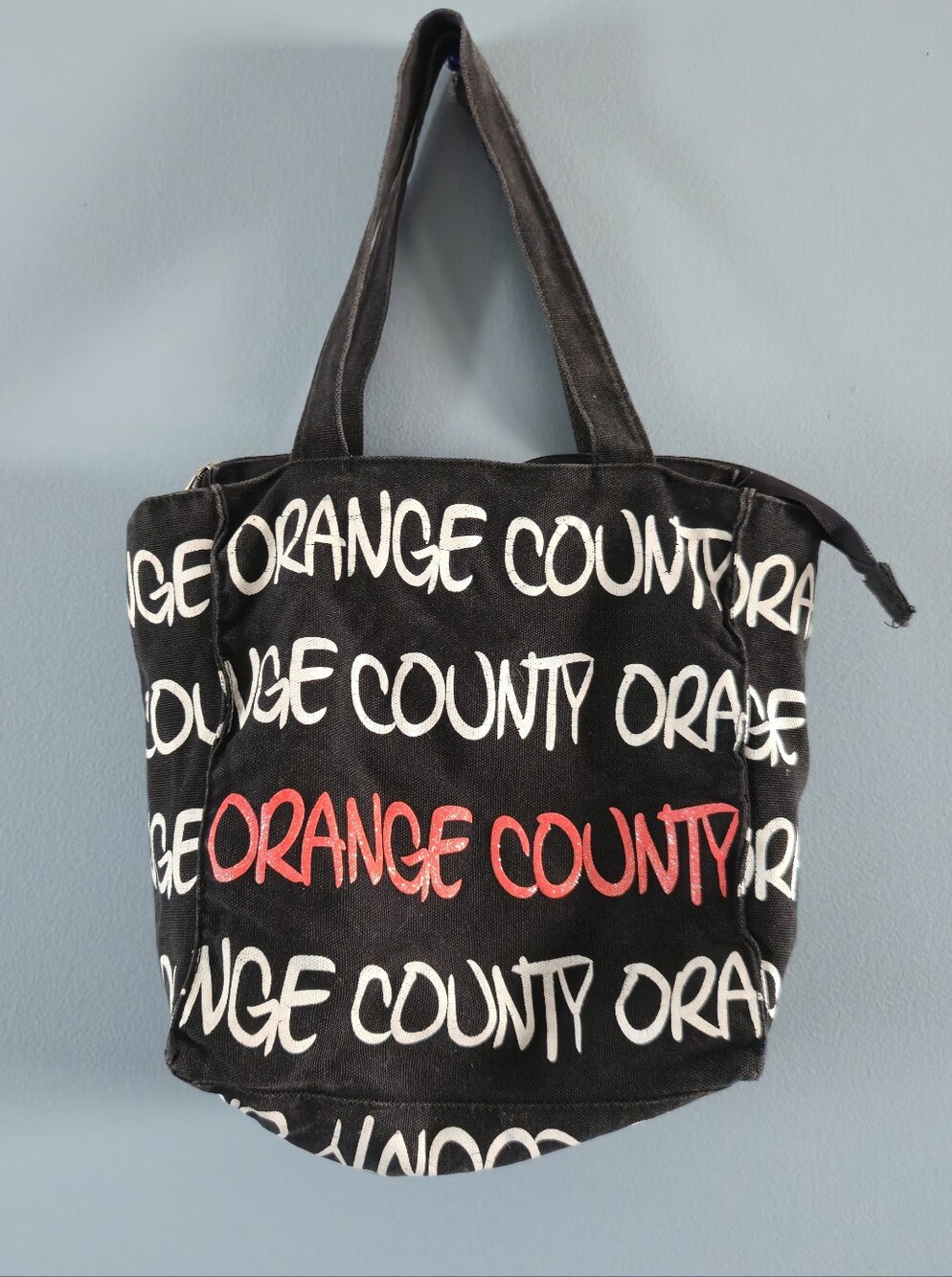 Orange County Script Tote Bag - Black with Red & White Text By Robin Ruth